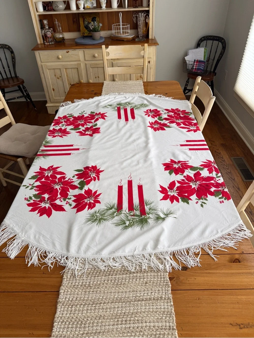 Round Christmas Tablecloth 62” Poinsettia Candle Fringe Mid Century Holiday